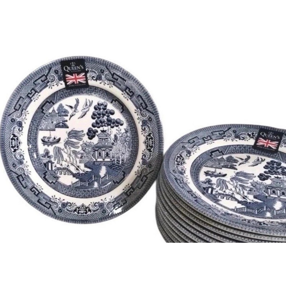 Queen's Churchill ASIAN BLUE WILLOW 4 SALAD DESSERT PLATES England NEW 8" HTF